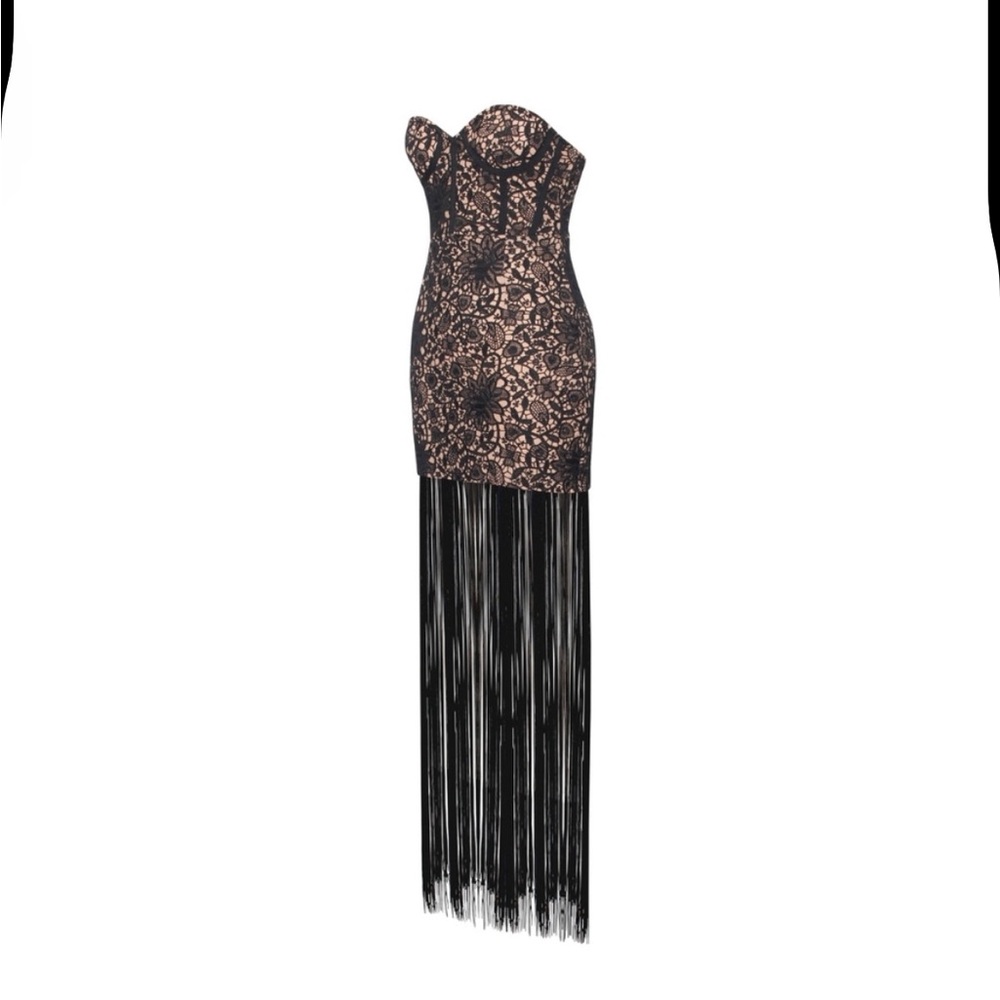 Size 12/XL MISS CIRCLE Black Lace Long Fringed Strapless Dress NEW with Tags - Picture 5 of 15